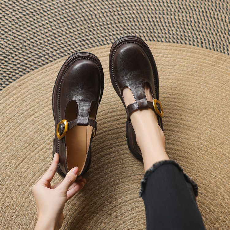 Deep Mouth Flat Shoes - Women's Sheepskin Leather T-Strap Flats