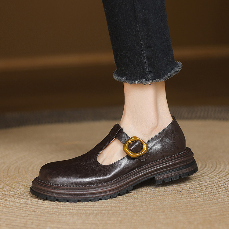 Deep Mouth Flat Shoes - Women's Sheepskin Leather T-Strap Flats