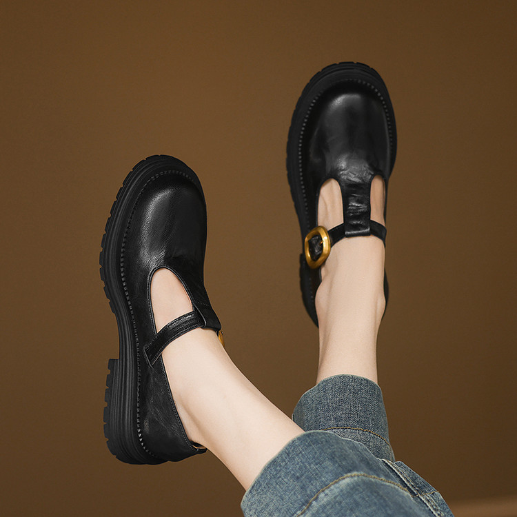 Deep Mouth Flat Shoes - Women's Sheepskin Leather T-Strap Flats