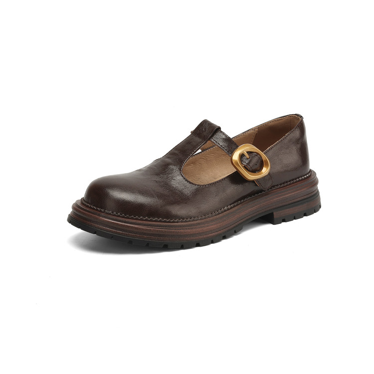 Deep Mouth Flat Shoes - Women's Sheepskin Leather T-Strap Flats