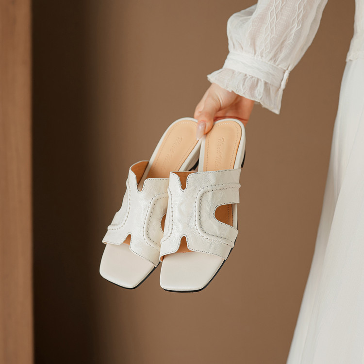 Women's Brown and Beige Sheepskin Slide Sandals with Wedge Heel