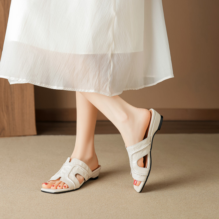 Women's Brown and Beige Sheepskin Slide Sandals with Wedge Heel