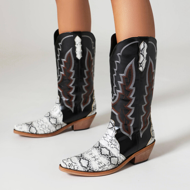 Women's Embroidered Pointed Toe Chunky Heel Western High Boots