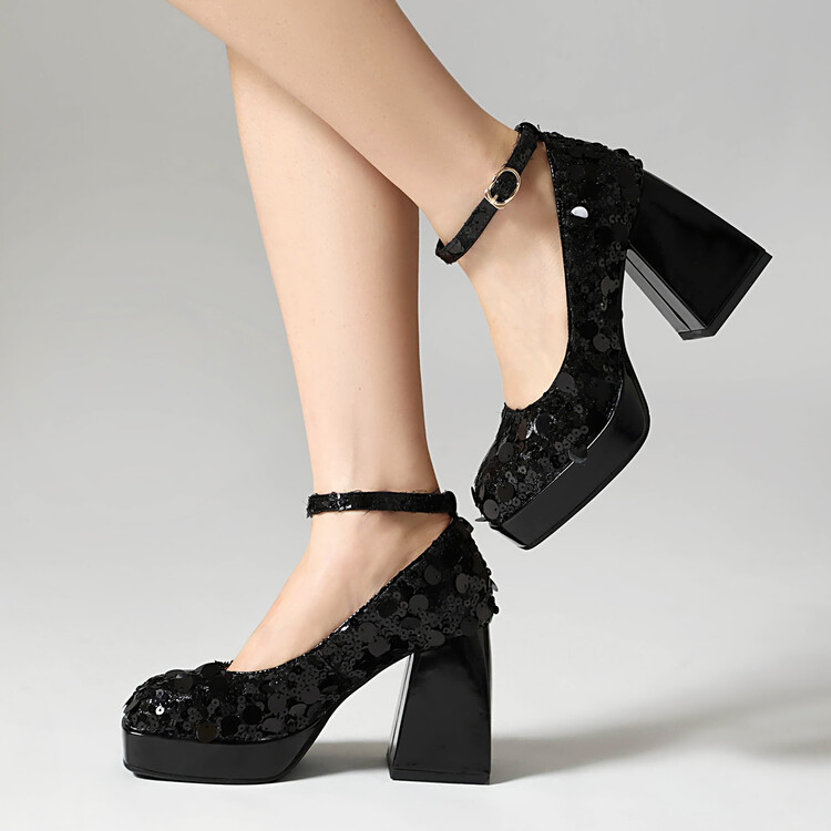 Women's Fashion Flat Shoes with Sequin Upper and Chunky Heel