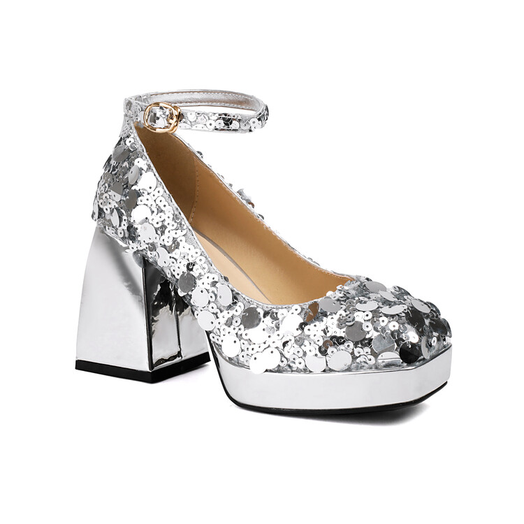 Women's Fashion Flat Shoes with Sequin Upper and Chunky Heel