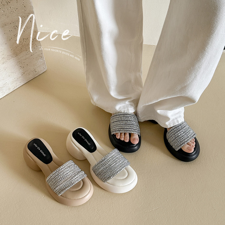 Women's One-Strap Slide Sandals with Block Heel and Height Boost