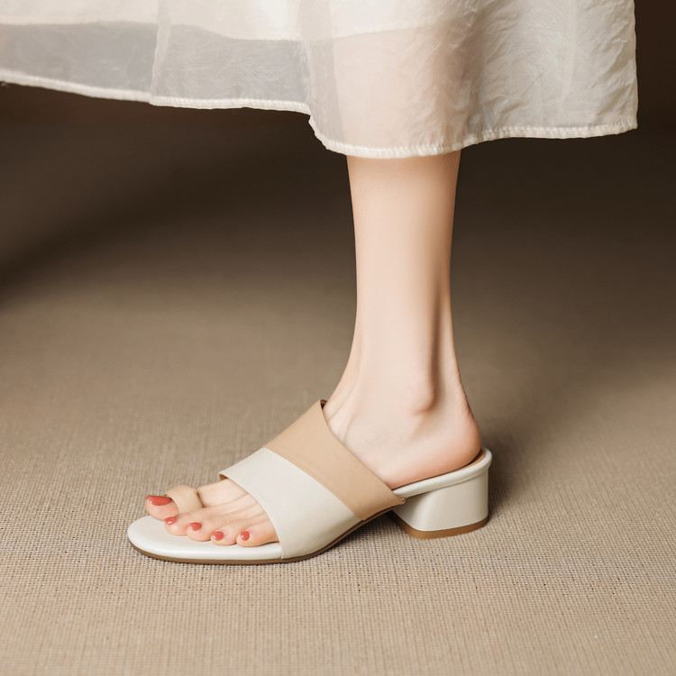 Women's Peep Toe Chunky Mid Heel Sandals - Sheepskin Leather, Black or Off-White