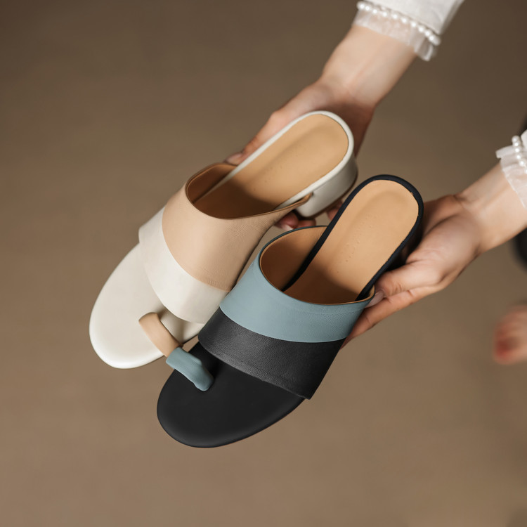 Women's Peep Toe Chunky Mid Heel Sandals - Sheepskin Leather, Black or Off-White
