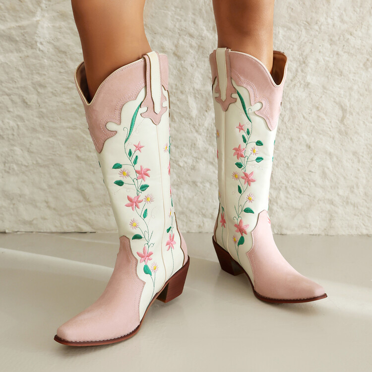 Women's Pink PU Western High Heel Boots with Embroidery