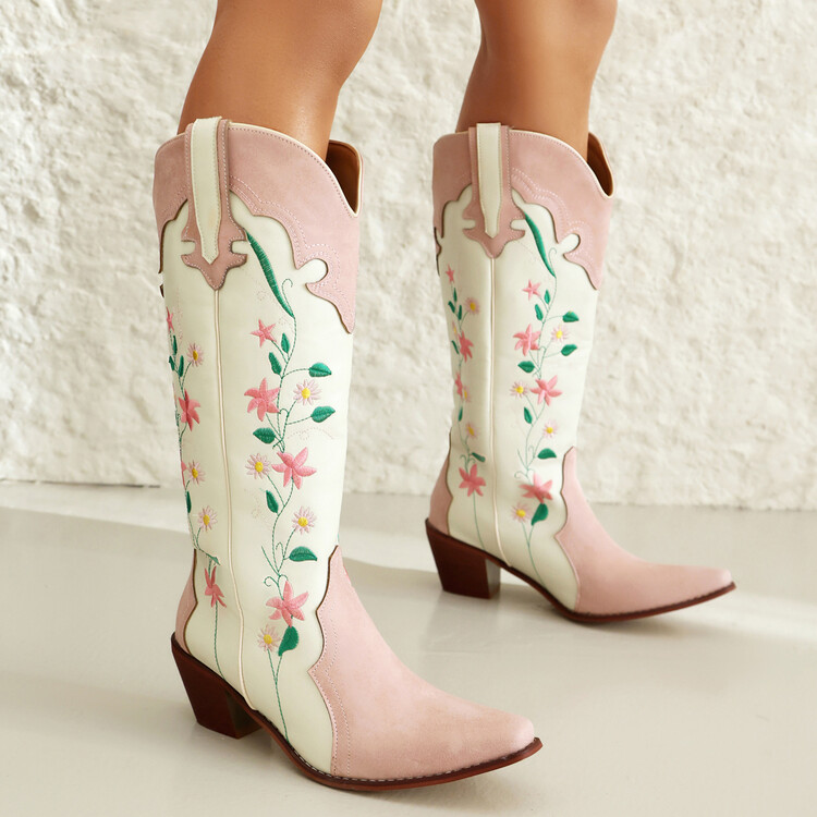 Women's Pink PU Western High Heel Boots with Embroidery