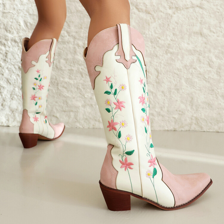 Women's Pink PU Western High Heel Boots with Embroidery