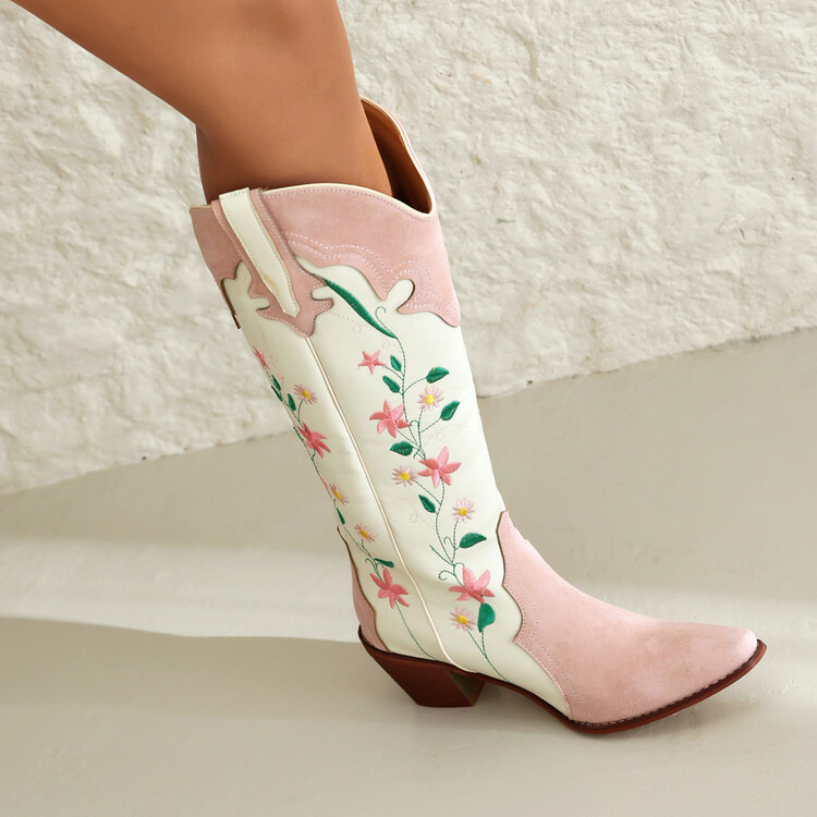 Women's Pink PU Western High Heel Boots with Embroidery