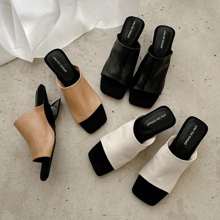 Women's Square Toe One-Strap Slide Sandals - Sheepskin Upper, TPR Sole, Mid Wedge Heel